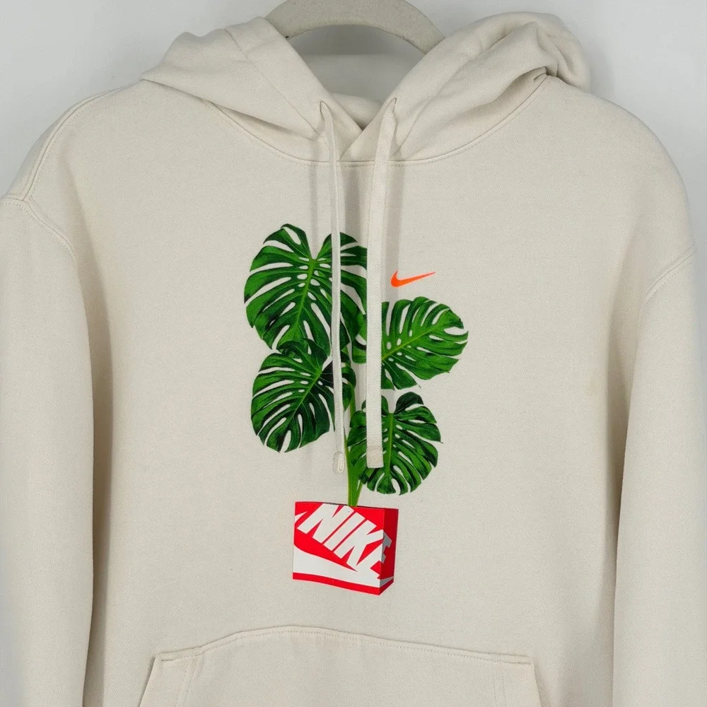 Nike Club Graphic Hoodie Size S Cream Off-White Monstera Plant Shoe Box Pullover